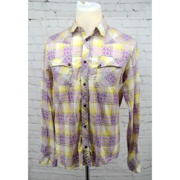 DIESEL Men's Long Sleeve Western Pearl Snap Shirt SIZE XL Yellow / Purple Plaid - Picture 2 of 6